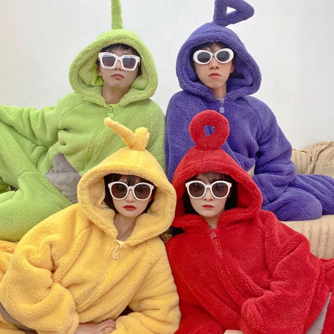 Cute cartoon Antenna Babies matching couple's pajamas for men and women, autumn and winter version, thick coral velvet home wear robe