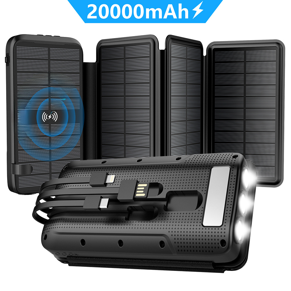 Transfronterizo modelo privado multifuncional banco de energía solar 20000mAh auto-cable impermeable al aire libre inalámbrico banco de energía