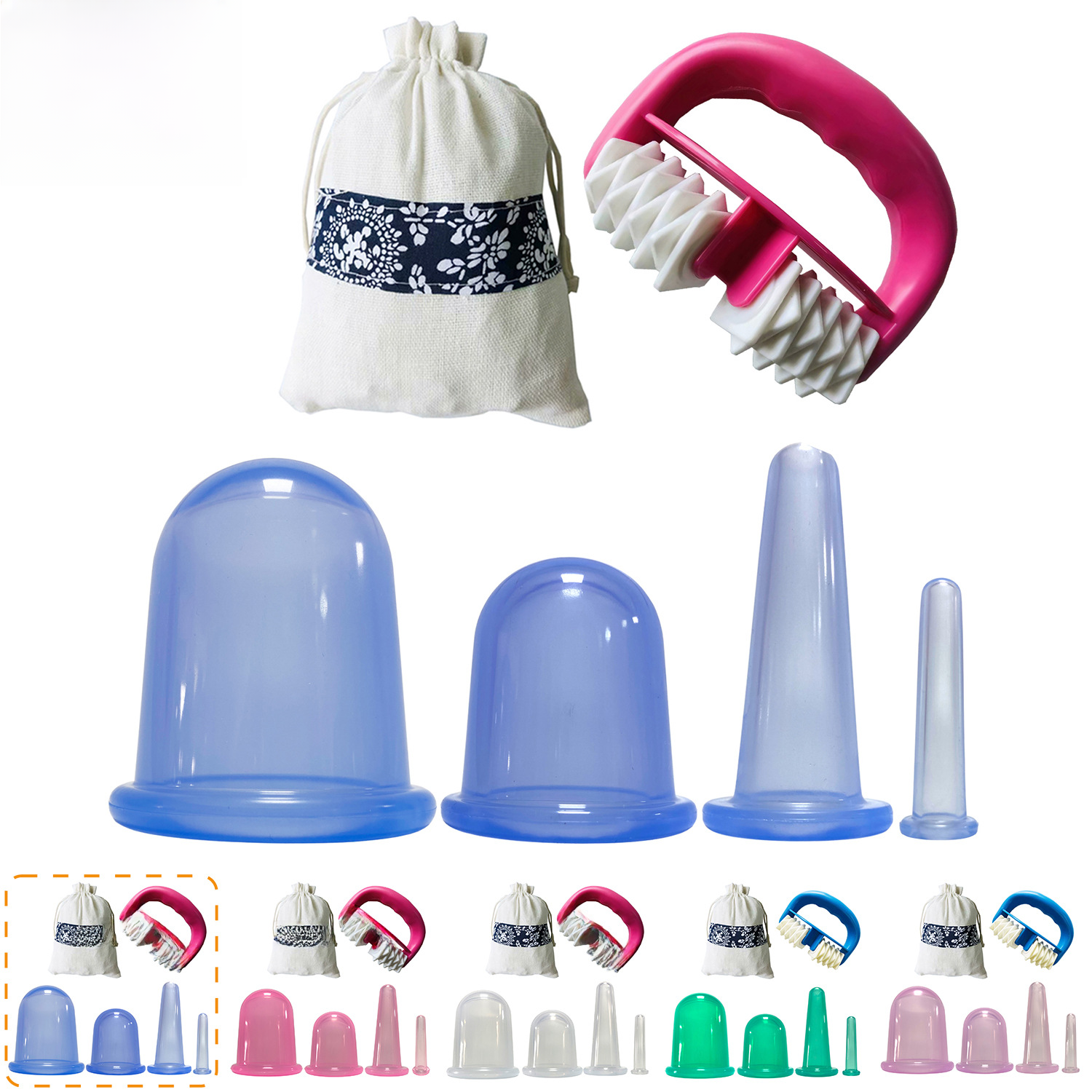 Amazon Cupping Set Silicone Cupping Can Hygroscopic Tank Roller Massage Brush Fat Pushing Massage Wheel Set