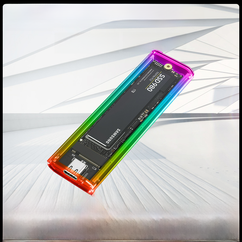 Caja de disco duro transparente Rgb M.2 de estado sólido, interfaz tipo c de protocolo Dual Ngff/nvme, caja de disco duro móvil