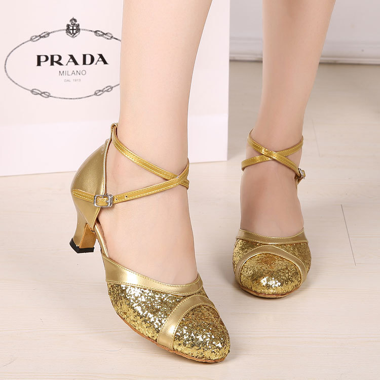 Women's Latin Dance Shoes, Adult Medium Heel Soft Sole Modern Dance Shoes, Silver Color, Square Dance Stage Performance Dancing Shoes