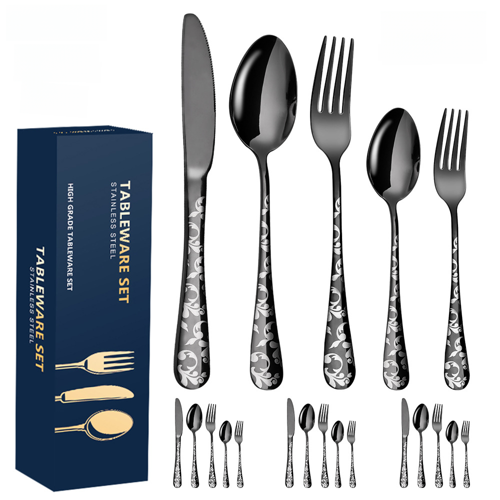 Amazon stainless steel Western-style steak knife, fork and spoon pattern creative tableware set 20-piece set black plated cross-border supply
