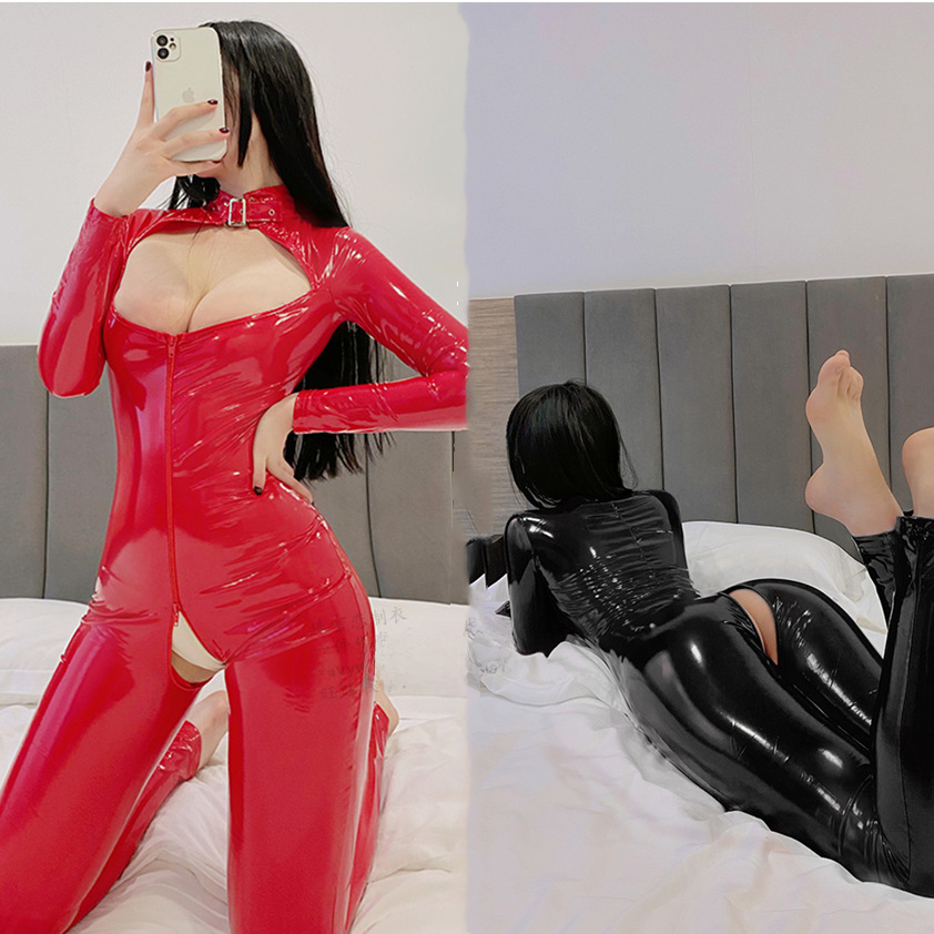 2022 新品S-3XL漆皮開襠油亮情趣內衣女死庫水連體衣情趣制服套裝