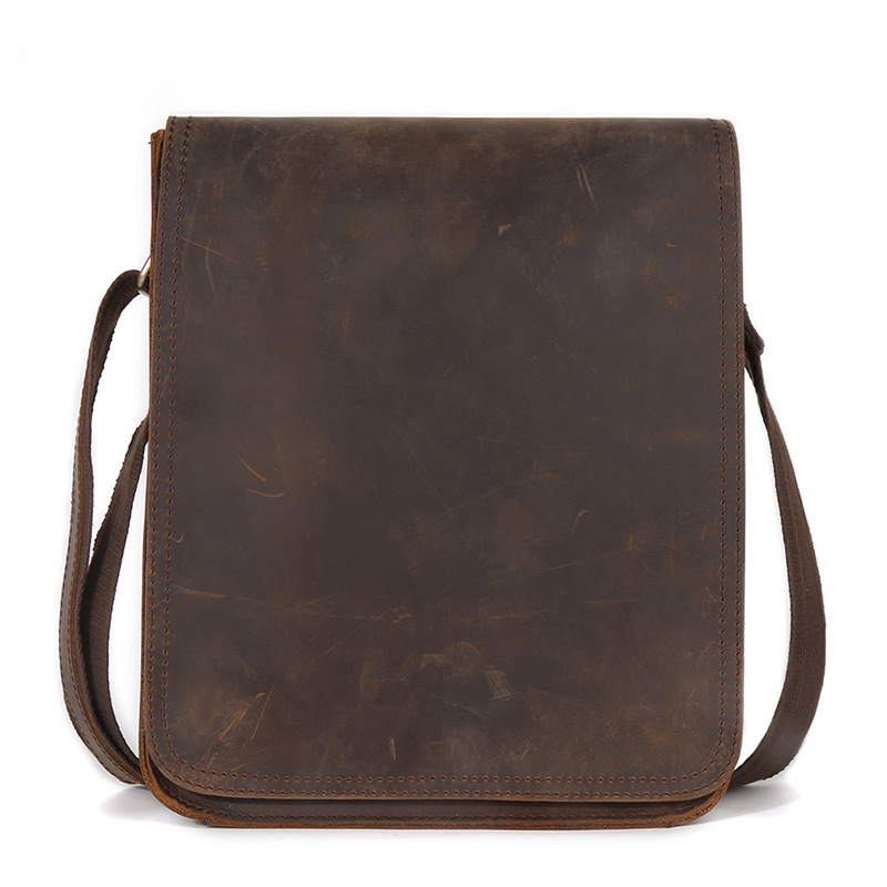 Vintage Mad Horse Leather Crossbody Bag with Large Capacity, Flap Top, Genuine Leather Unisex Bag, Single Shoulder Bag, British Style, Versatile Men's Bag
