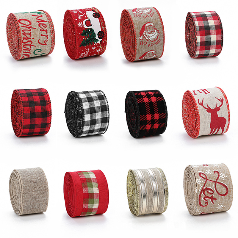 Cross-border hot selling imitation linen Christmas ribbon decoration red and black and white plaid bow snowflake ribbon Christmas decoration