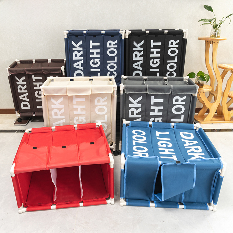 Simple and Fashion Three-Compartment Laundry Basket with Wheels, Household Oxford Cloth Dirty Clothes Basket, Moisture-Proof Folding Dirty Clothes Hamper