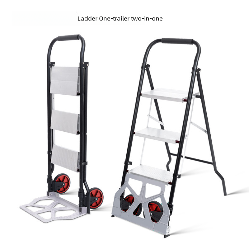 Multifunctional foldable push cart tiger cart with ladder foldable home small ladder mini A-frame ladder aluminum ladder