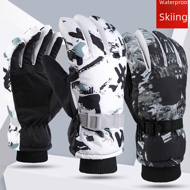 Winter Men and Women Warm Fleece Lined Thick Cotton Waterproof Anti-Slip Insulated Riding Outdoor White Graffiti Ski Gloves