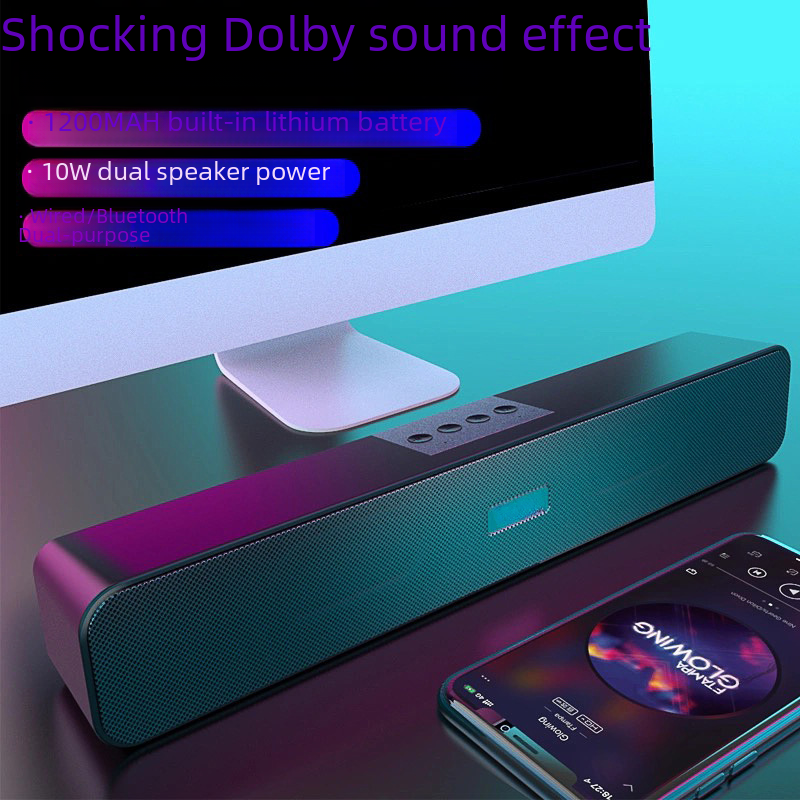 Double Speaker Desktop Bluetooth Speaker Long Strip Sound King High Power Subwoofer Wireless Card Insert Computer Mini Speaker 