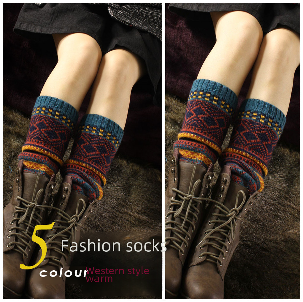 Japanese colorful pile socks snowflake color matching warm socks leg warmers calf socks women's trendy autumn and winter