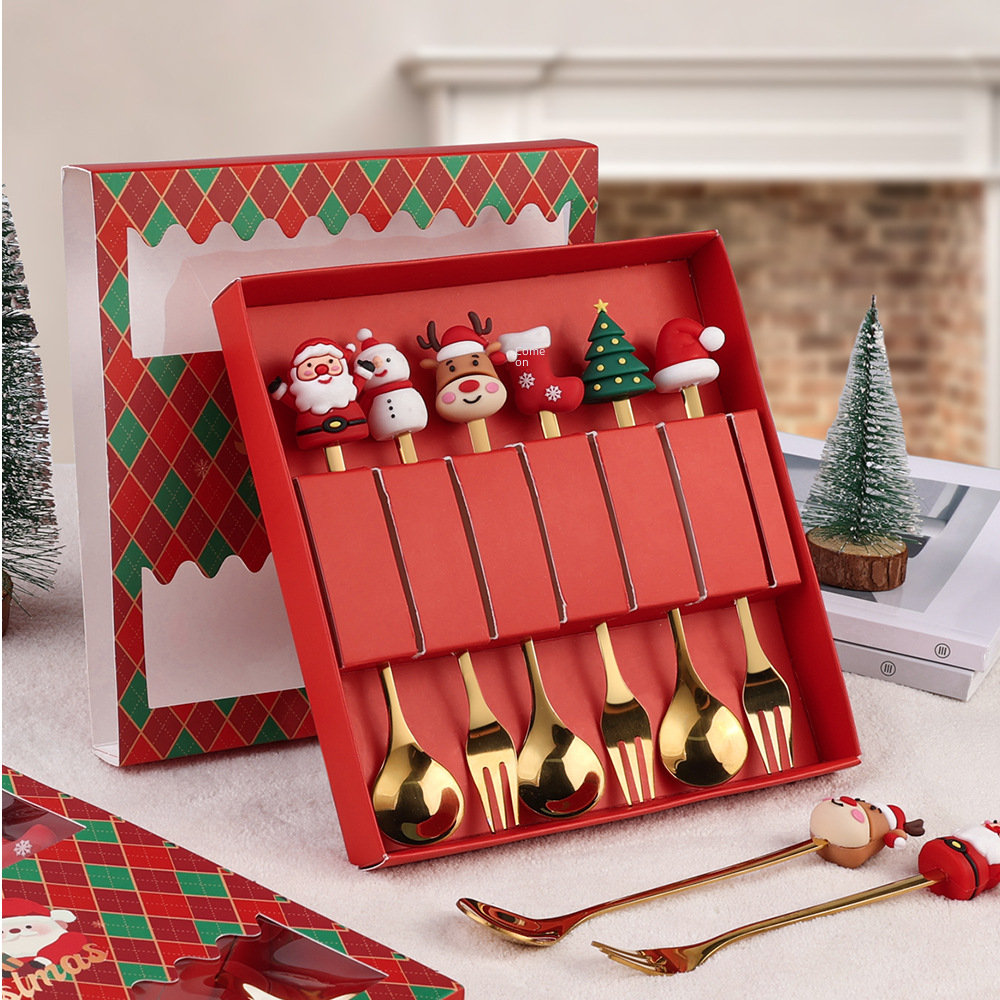 A Cross-border Christmas Spoon and Fork Set Cartoon Doll Stainless Steel Spoon Fruit Fork Christmas Creative Gift Tableware