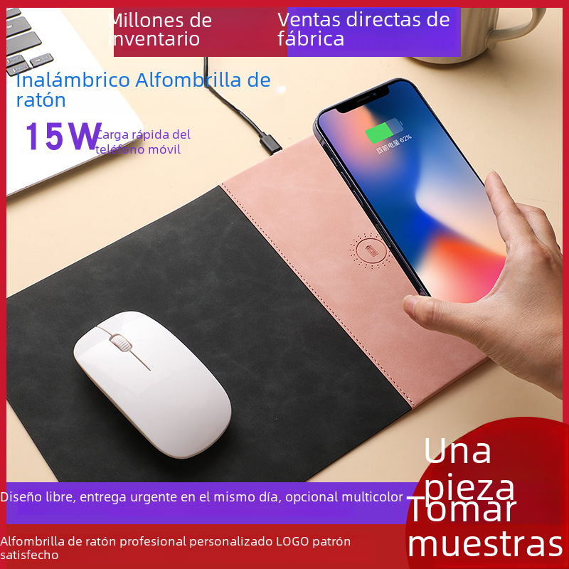 Alfombrilla de ratón de carga inalámbrica de carga rápida de 15w, alfombrilla de ratón suave de cuero Pu para oficina pequeña, publicidad