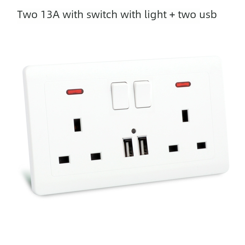 English-labeled plug panel double 13A with switch double USB one-open multifunction eight-hole white wall outlet wholesale