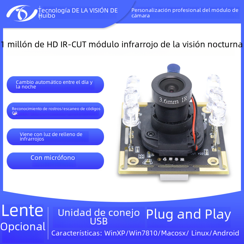 1 millones de píxeles HD módulo de cámara de reconocimiento facial IR-CUT Módulo de conmutación automática para el día y la noche