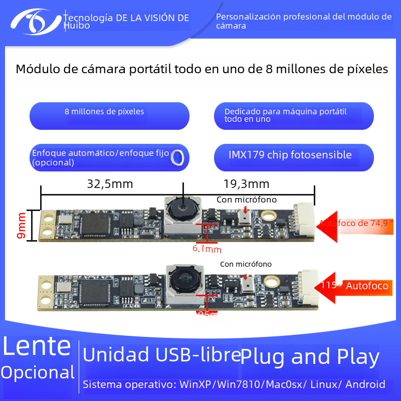 Enfoque automático 8 millones de píxeles IMX179 Módulo de cámara portátil todo en uno máquina de publicidad módulo sin disco