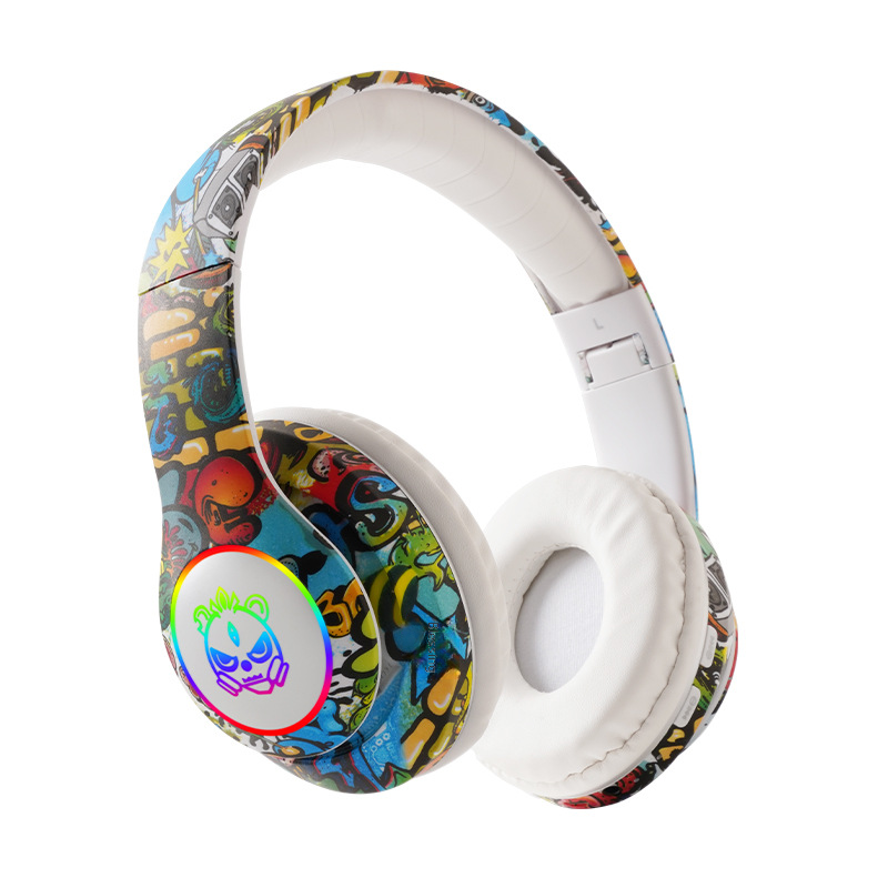 Cross-border factory new head-mounted Bluetooth headset LED light-emitting game wireless card graffiti Bluetooth headset batch