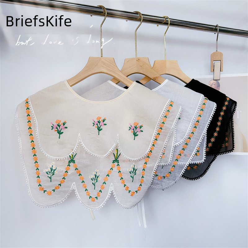 新款雙層精美刺繡黑白杏三色彩色小花田園風披肩雙邊波浪款批發