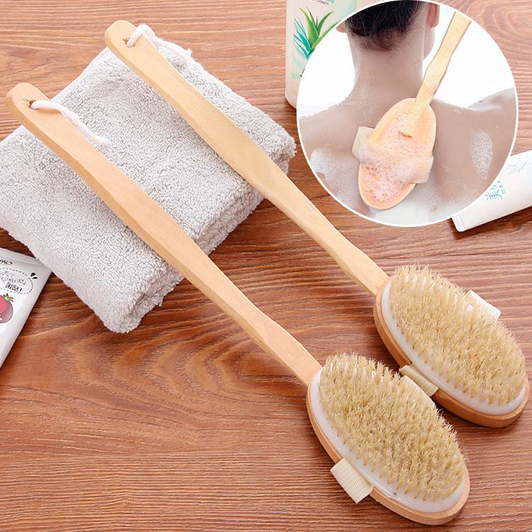 Wooden handle bath brush, bath bristle brush, long handle wooden back rub bath towel, removable soft hair massage bath brush