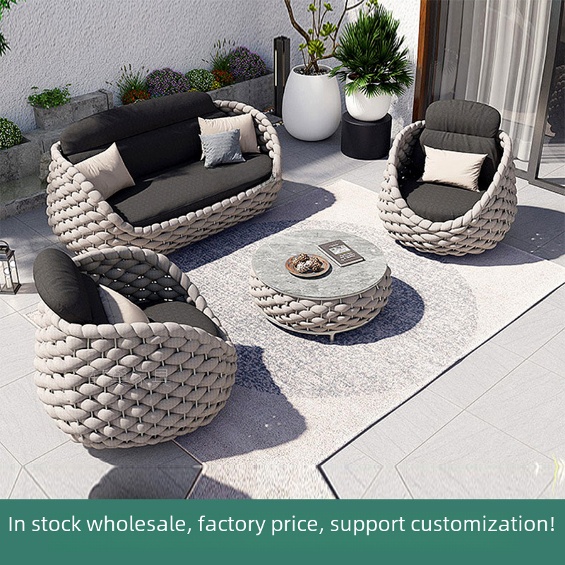 Outdoor Leisure Sofa for Small House Villas, Outdoor Courtyard, Waterproof Garden, Rope-Woven Round Sofa Set