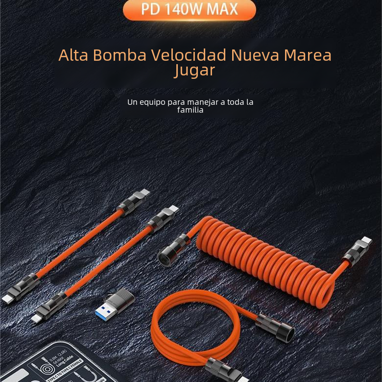 El nuevo cable de resorte de costura de 240W cinco en uno cable de datos de carga rápida PD3.1 kit de carga multifunción de alta potencia