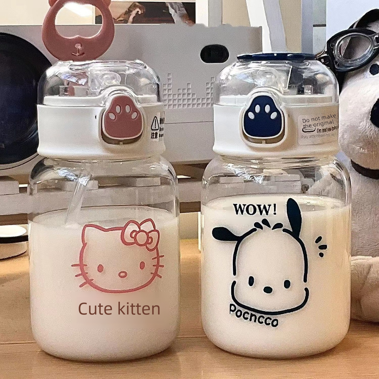 High color value plastic straw water cup high temperature resistant Girls cute children's casual Cup portable cat claw water Cup
