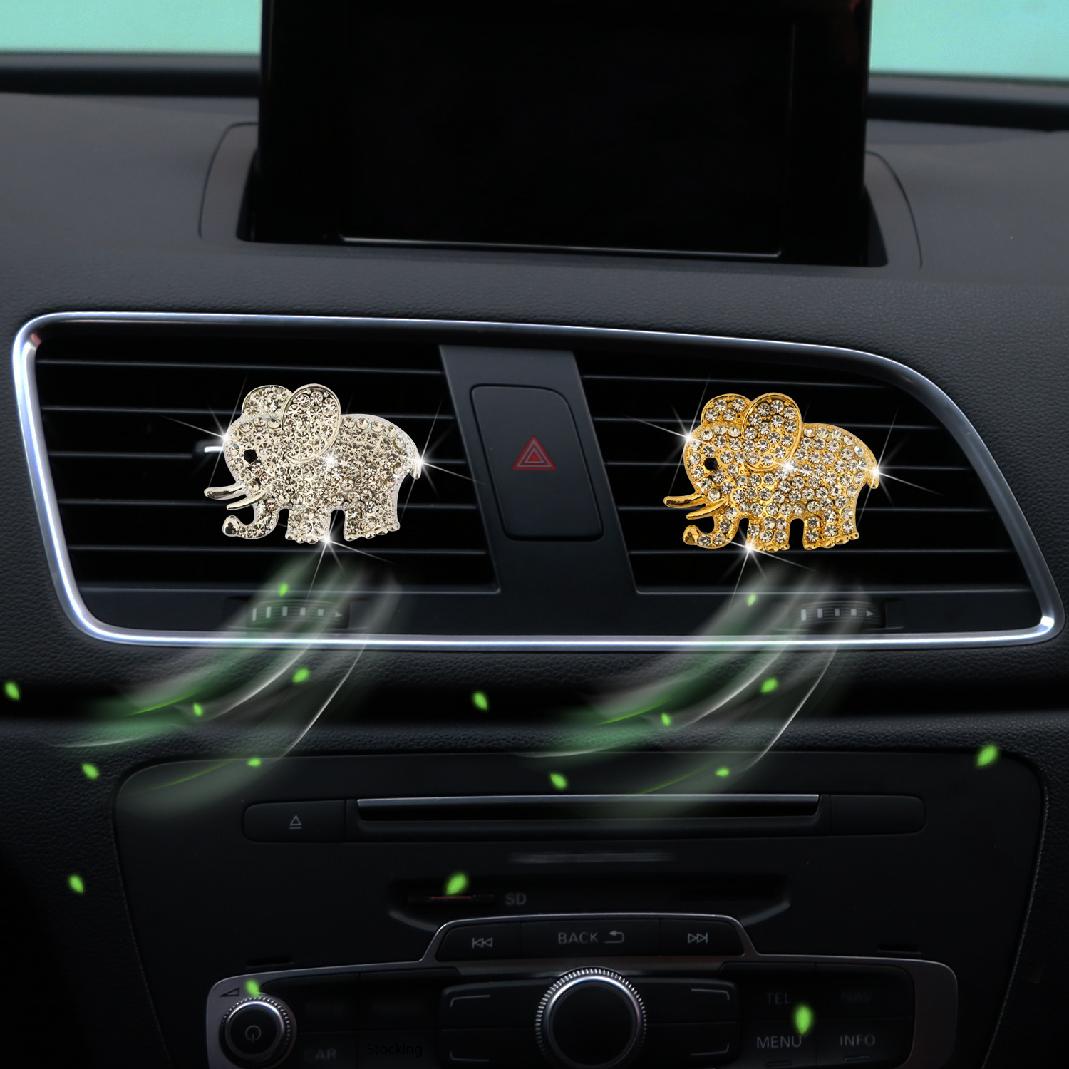 Metal water drill elephant car perfume, crystal car auspicious elephant air vent car air freshener clip