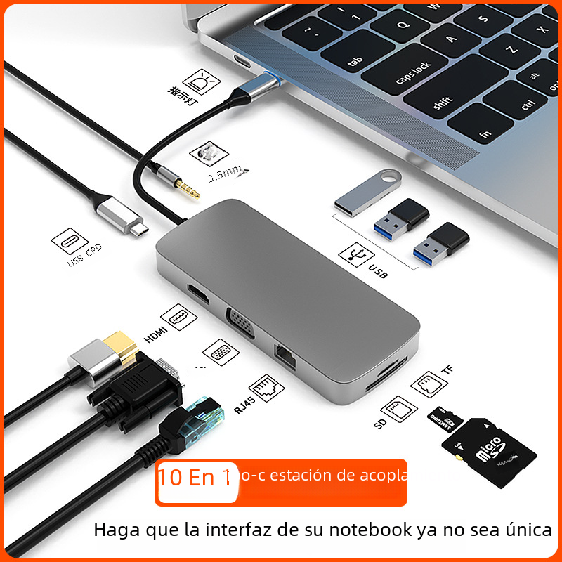 Popular en stock 10-in-1Type-C estación de acoplamiento USB hub Hub convertidor de la estación de acoplamiento del ordenador portátil