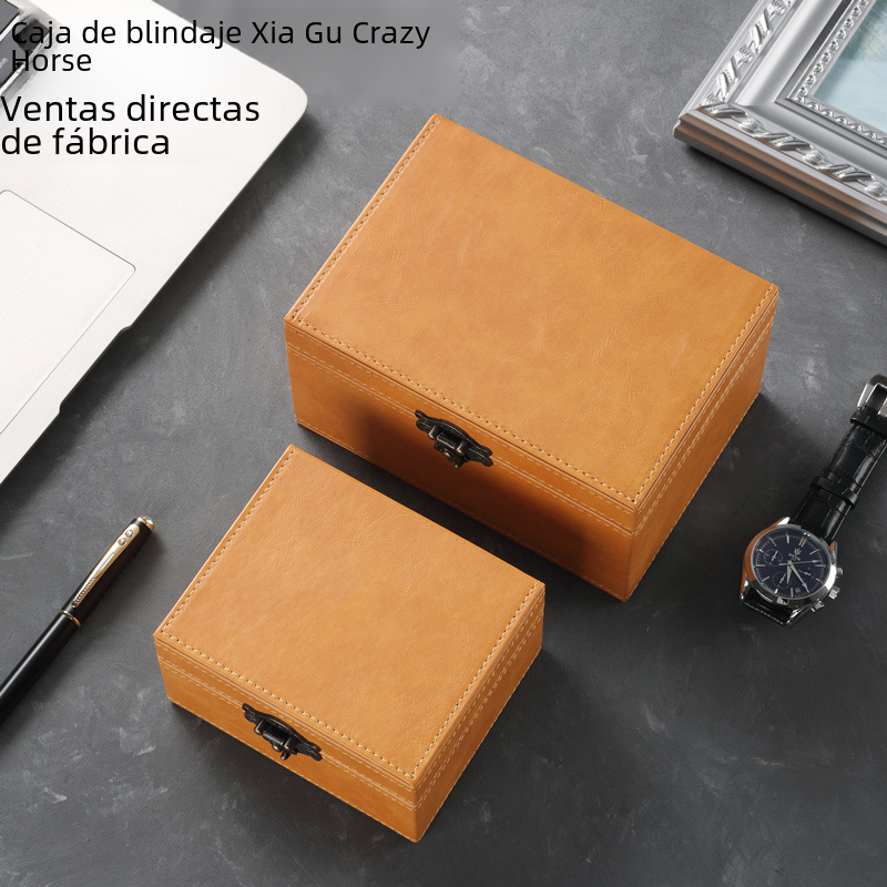 En stock de gran tamaño pequeño retro Crazy Horse patrón RFID Faraday caja de blindaje de coche clave caja de blindaje de señal de teléfono móvil
