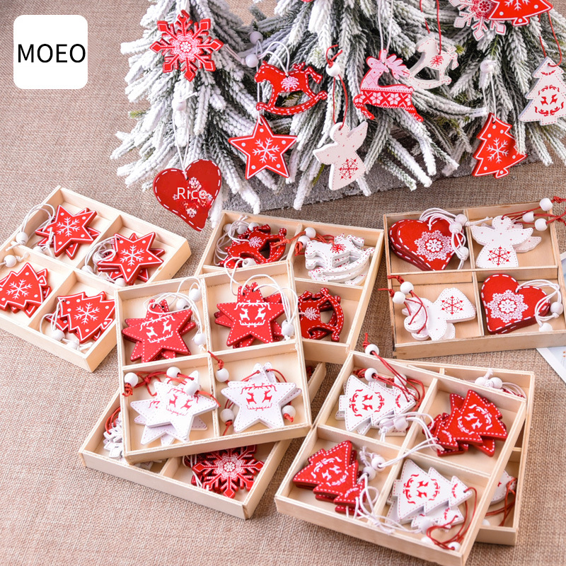 Christmas decoration creative Christmas wooden hanging ornaments DIY Christmas tree box package reindeer bell angel heart ornaments