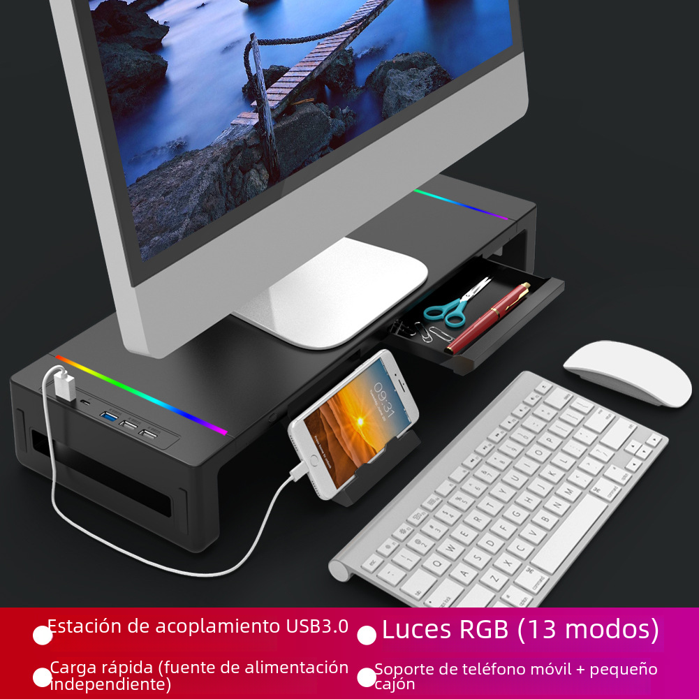 Soporte elevador para Monitor de ordenador Usb3.0, memoria, luces coloridas, cajón plegable multifuncional, soporte para ordenador Digital