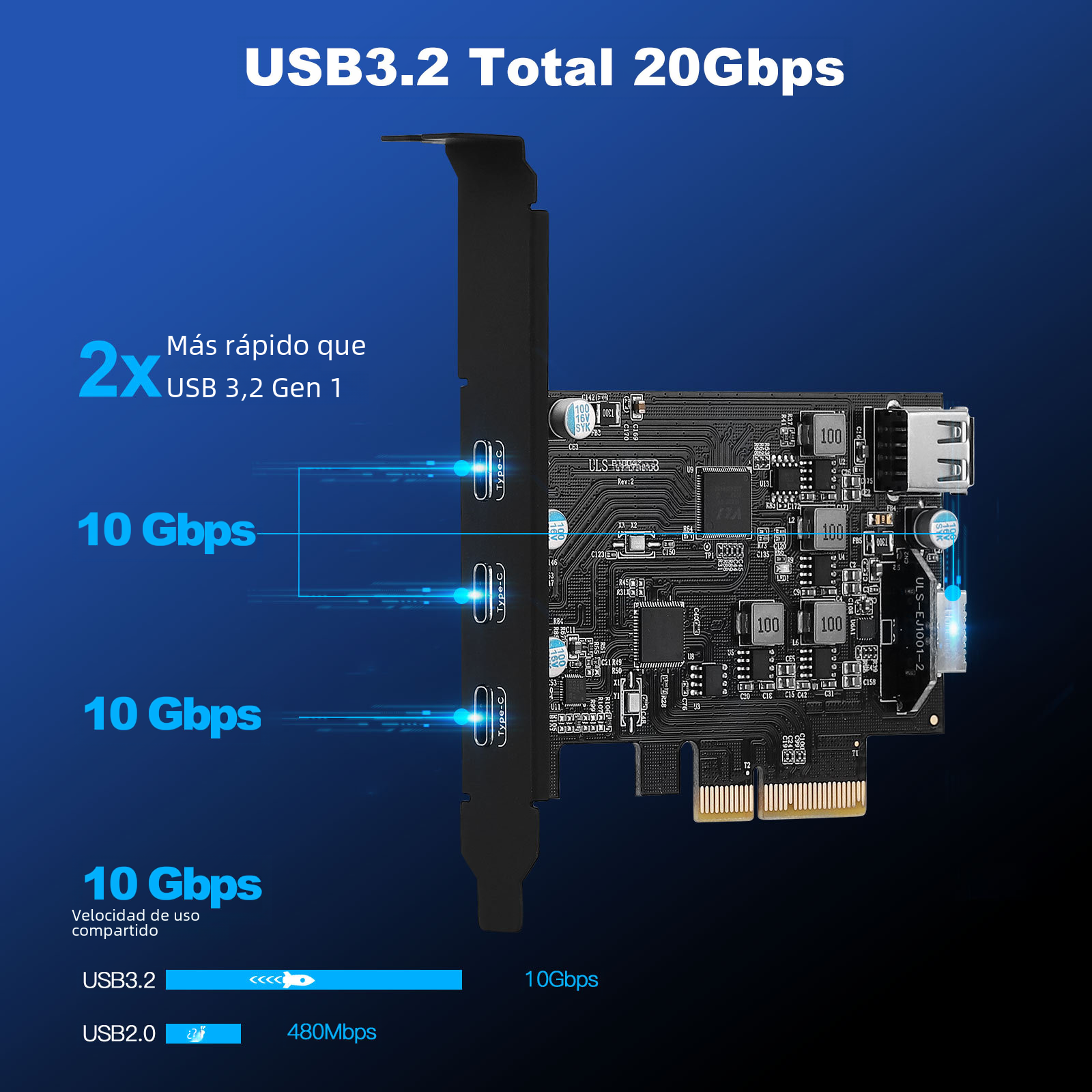 Fabricante en existencia PCIE a la tarjeta de extensión tipo-c USB3.2 20Gbps Tarjeta sin conductor del adaptador de la computadora de escritorio