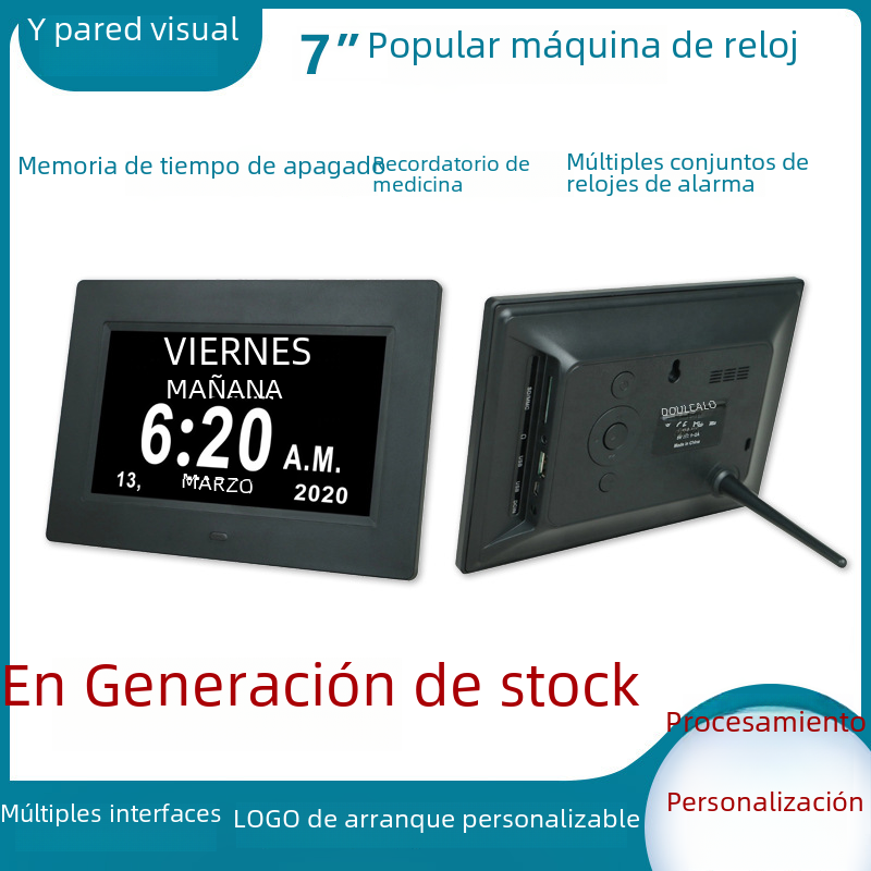 Bajo Costo de regalo digital marco de fotos de 7 pulgadas de 8 pulgadas LCD máquina de reloj de escritorio electrónico álbum calendario ancianos medicina despertador