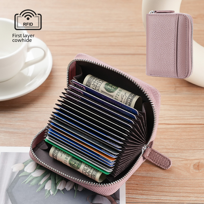New anti-degaussing multi-card slot genuine card holder zipper card holder women's Korean credit card holder accordion card holder