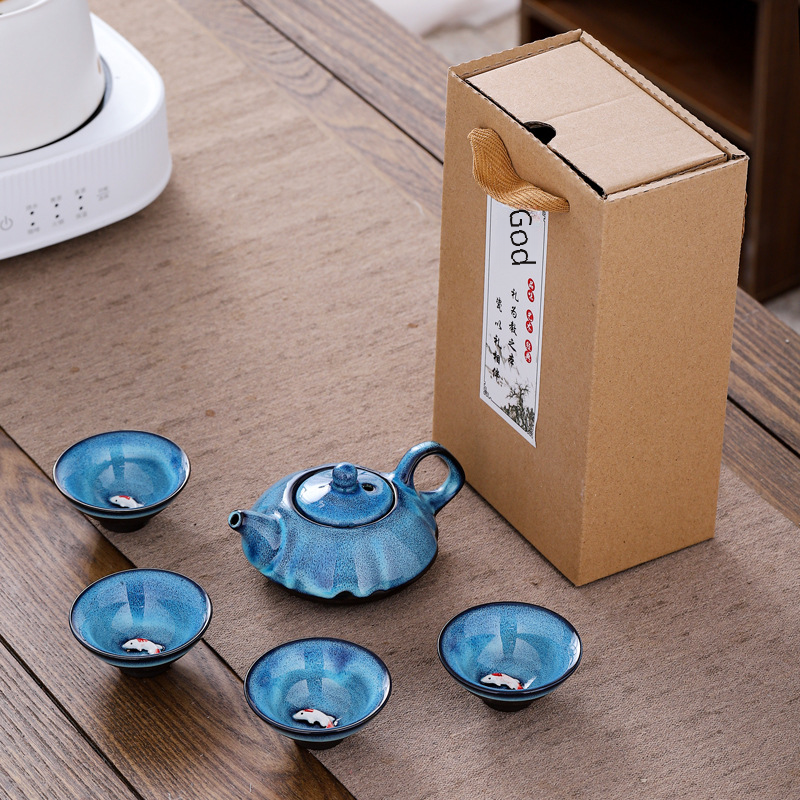 窯變拉絲天目魚杯陶瓷茶具套裝創意節日中秋國慶商務伴手禮品批發