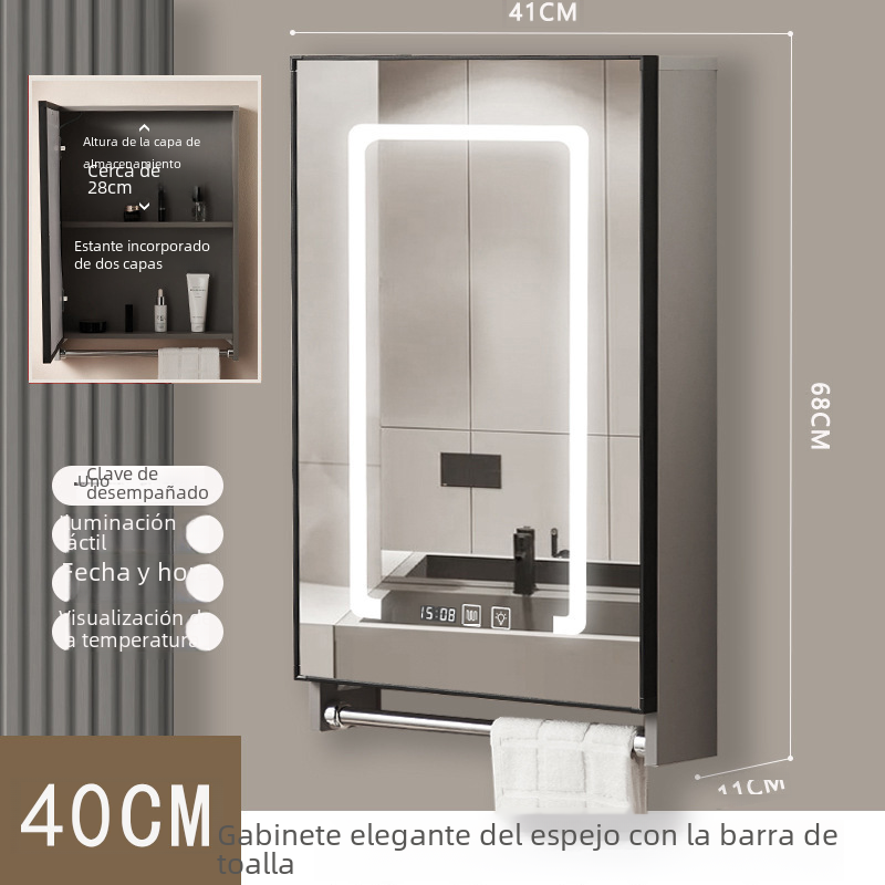 Gabinete elegante de aluminio del espejo del espacio de los 40cm50cm con desempañar ligero pequeño Gabinete cosmético sacador-libre montado en la pared del espejo del cuarto de baño del apartamento