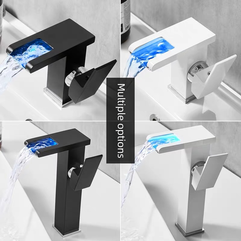 Factory Direct Supply LED Waterfall Bathroom Sink Faucet with Color-Changing Square Vanity Sink Bathroom Faucet, Cross-Border Supply
