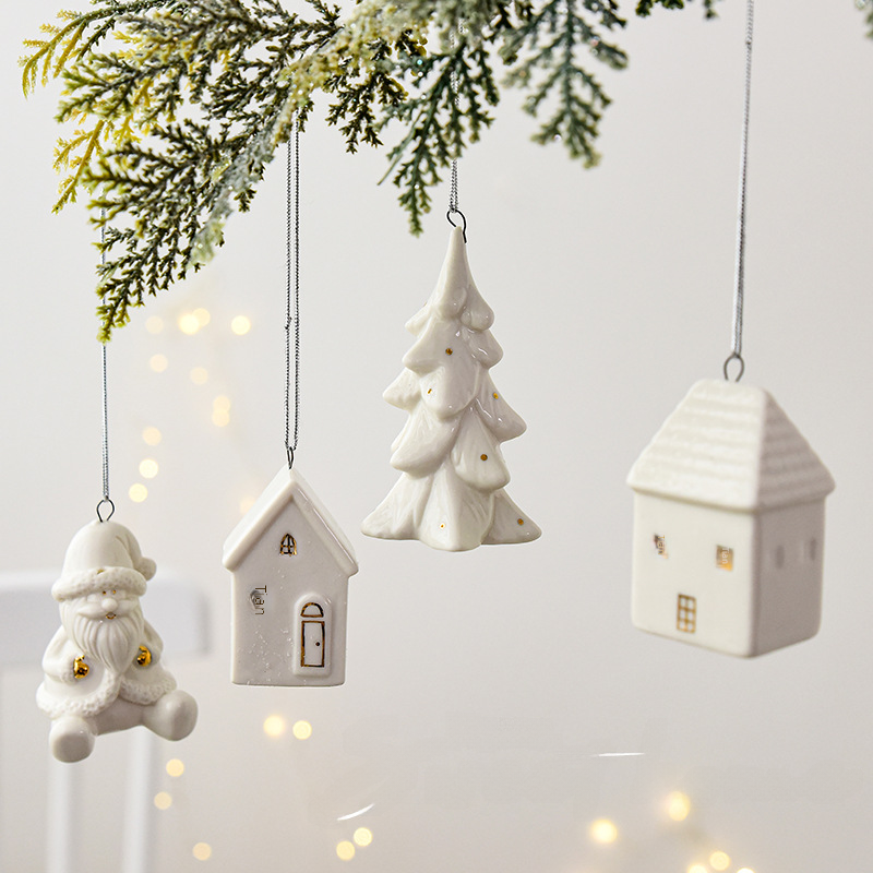 NUCHI Cross-border New Product Christmas Nordic Ceramic Ornament Mini Snow House Santa Snowman Reindeer Pendant