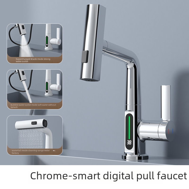 【Dropshipping】Home Hotel Style Waterfall Face Basin Faucet with Digital Cold and Hot Water Pull-out Swivel Adjustable Height