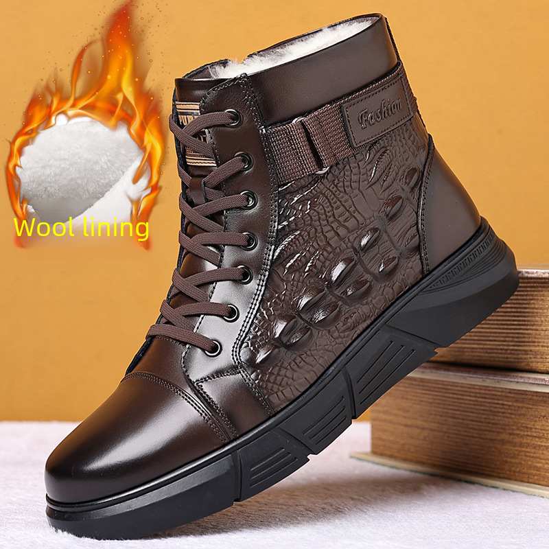 2023 Winter Fleece Lined Cotton Shoes Men's Leather Boots Martin Boots Outdoor Casual Shoes Men Snow Boots Dad Thick Shoes