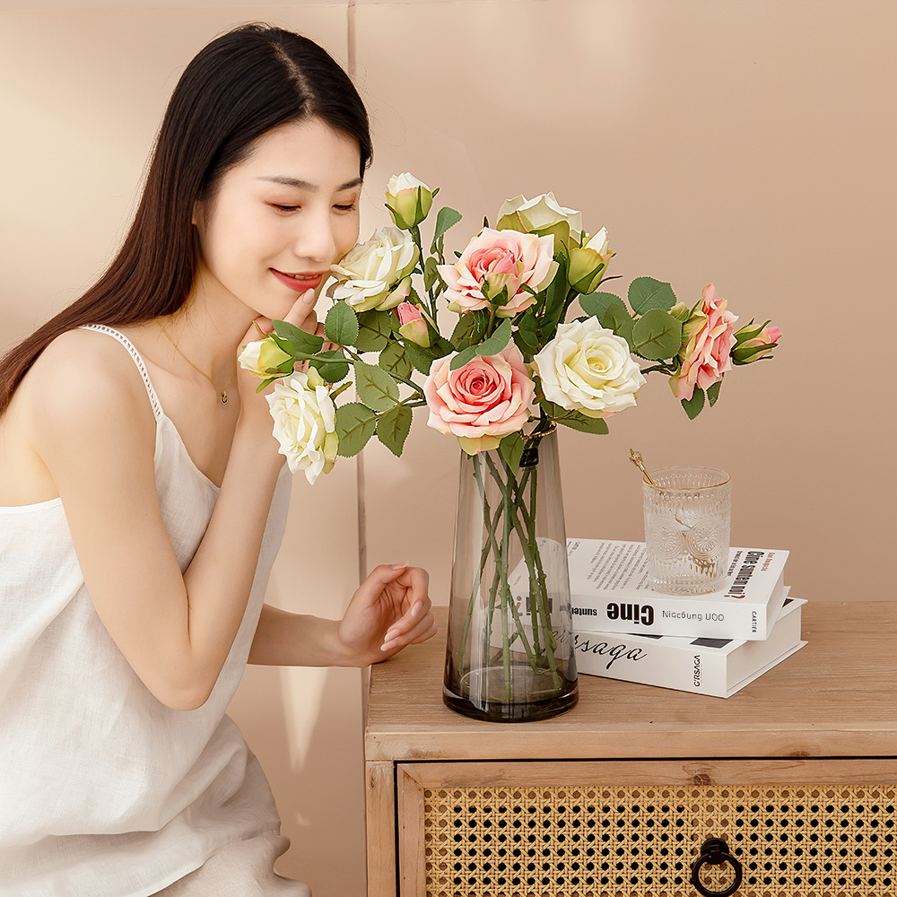 Wholesale fake flower single branch double-headed rose artificial flower manufacturer green plant wedding decorations INS cross-border MW31586