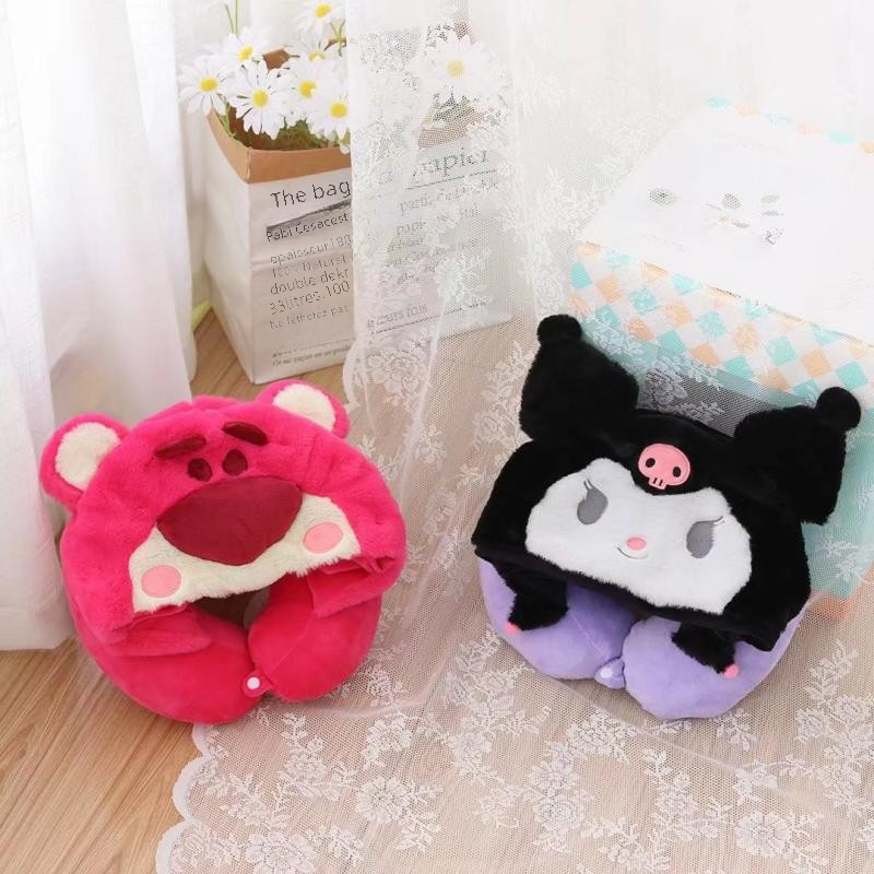Cartoon strawberry bear Kuromi hooded U-shaped neck pillow office nap pillow travel airplane hooded u pillow