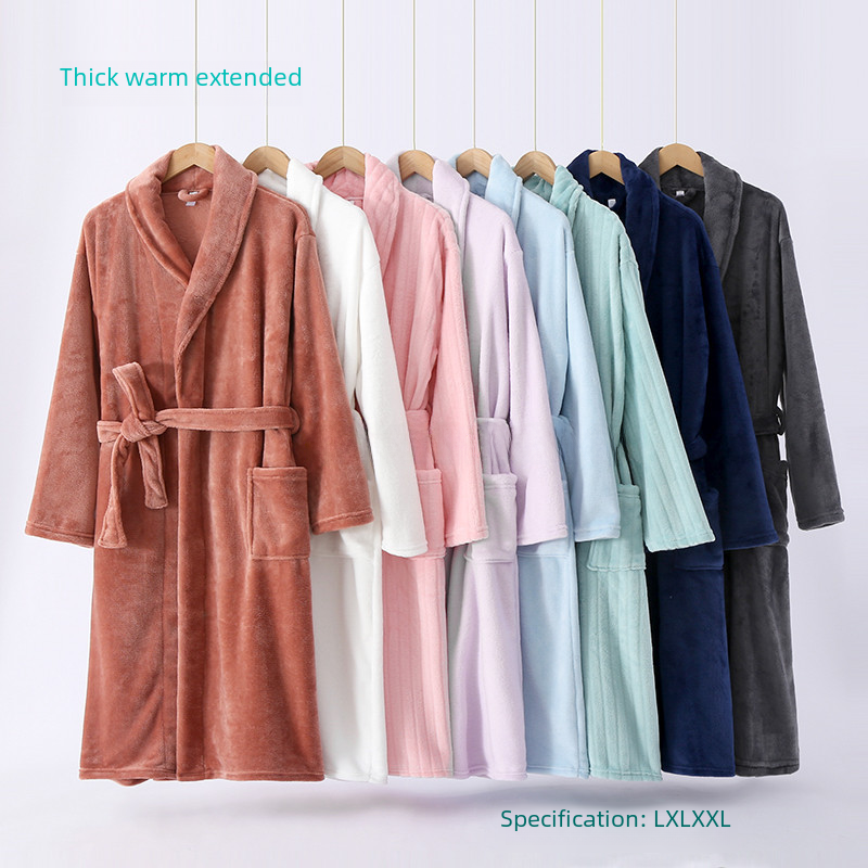 Winter Thickened Unisex Couple's Island Fleece Flannel Length Warm Green Date Collar + Hooded Robe Bathrobe