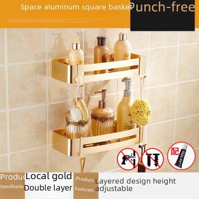Punch-free bathroom storage rack European-style titanium gold space aluminum bathroom storage rack black triangular basket corner shelf wall