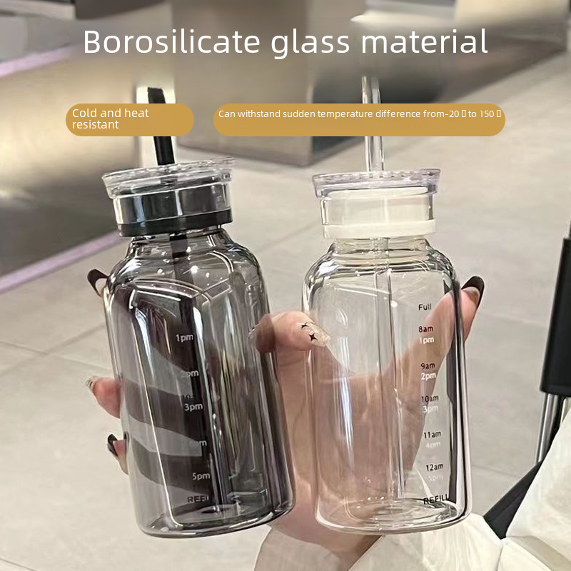 High-quality glass cups with double lids, heat-resistant, portable, with straws, lady's fashionable cup, wholesale