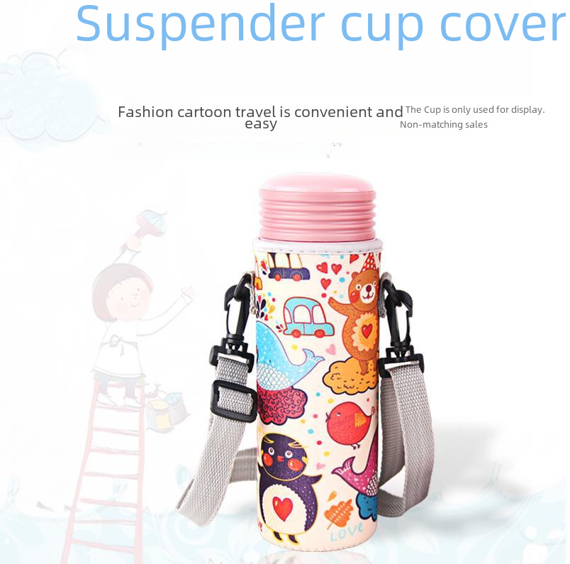 550ml strap thermos cup set cartoon children's water bottle set glass cup heat insulation diving material shoulder strap pot set