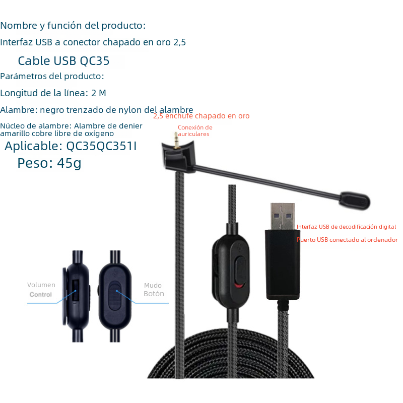 Aplicable a QC35 QC35II juego micrófono Cable de conexión de audio doctor juego micrófono Cable de decodificación digital USB