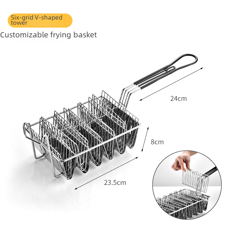 A taco shell forming fry basket tool tower for a Mexican restaurant kitchen