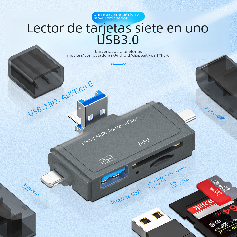 7-en-1 lector de tarjetas para Apple tipo-c Android teléfono móvil ordenador OTG3.0 Multi-Función de lector de tarjetas