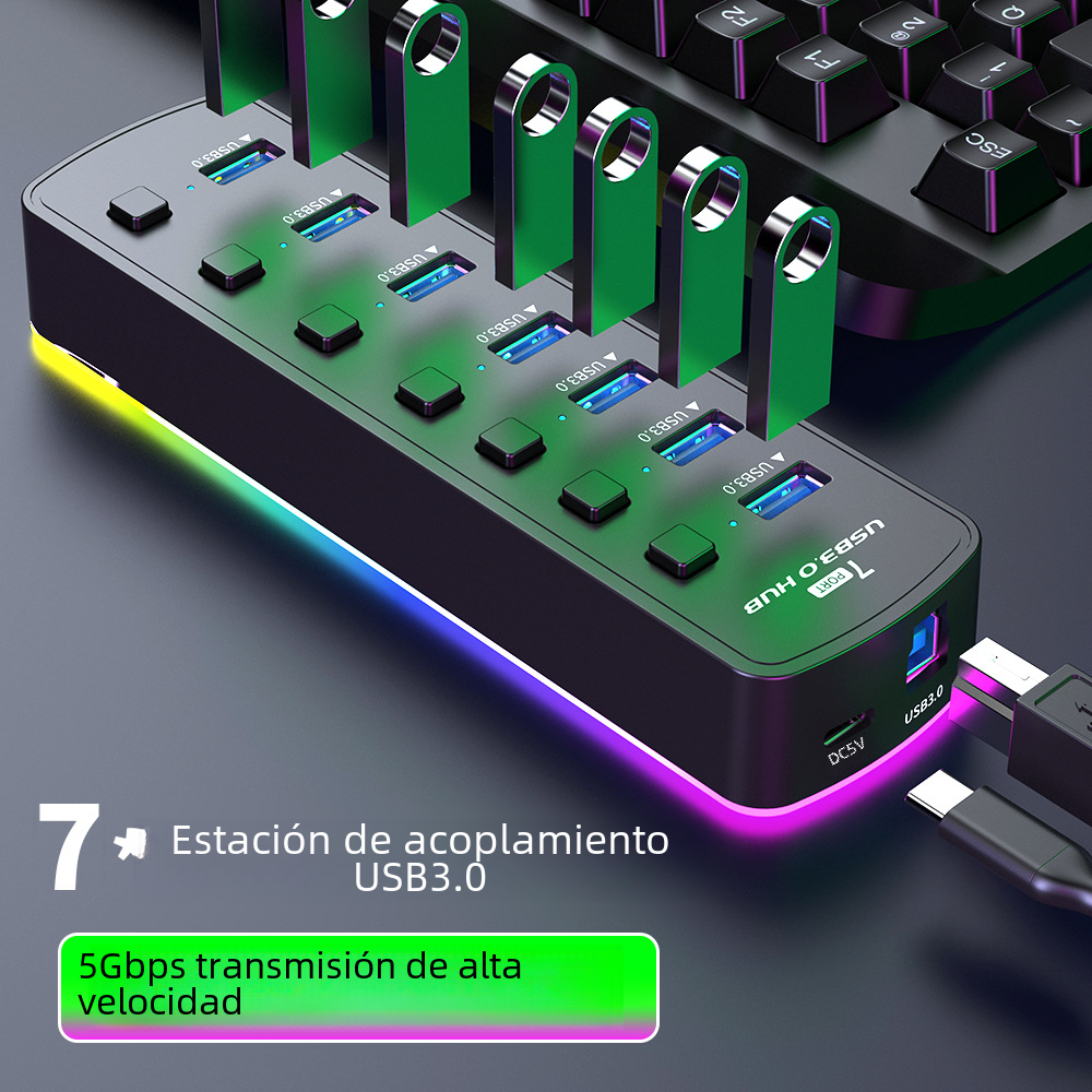 Colorido usb3.0 HUB 7-Port HUB divisor convertidor de ordenador interruptor independiente con puerto de alimentación modelo privado