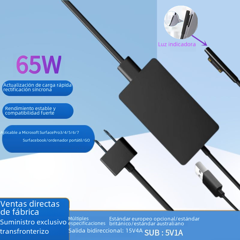 Cargador 65W para el adaptador del cargador del ordenador portátil de la superficie Pro3/4/5 de Microsoft